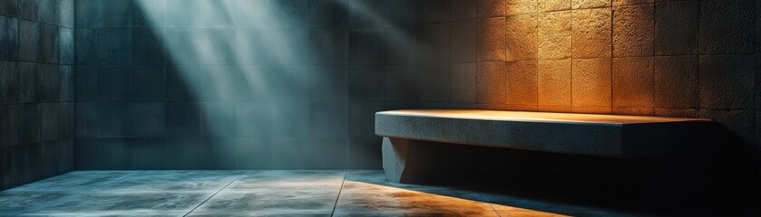 Poster - A steam room with a stone bench and dim, relaxing lighting.