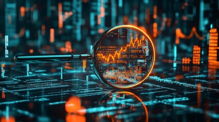 Magnifying glass analyzes glowing stock chart data futuristic digital background illustration.