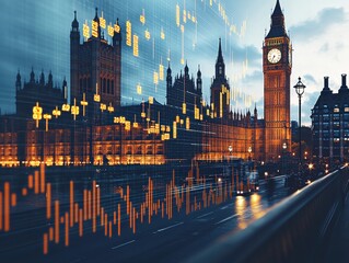 Poster - Holographic stock market data overlays big ben london skyline financial technology urban environment night viewpoint innovation