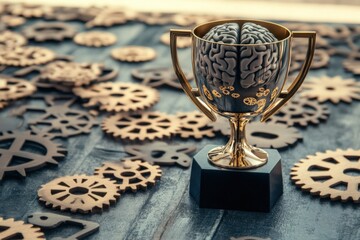 A trophy surrounded by gears symbolizing human brains, Modern lifestyle theme, Conceptual style