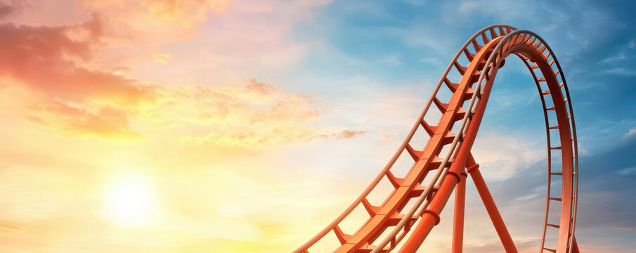 3D rendering of a roller coaster descending from a peak, with energy transition visuals showing potential to kinetic energy