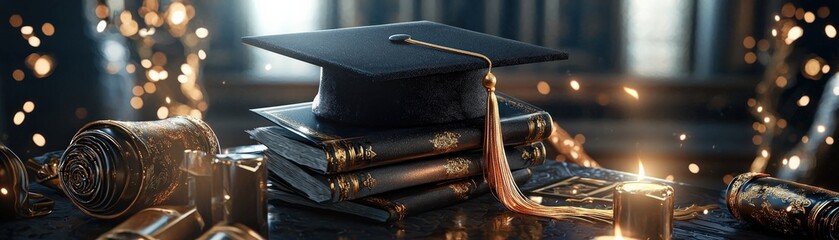 Poster - A graduation cap is on top of a stack of books