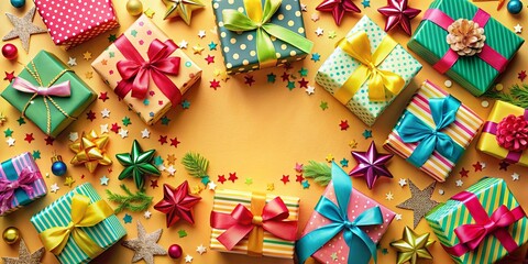 Wall Mural - A Festive Array of Wrapped Gifts and Star Ornaments on a Yellow Background