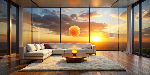 Wall Mural - Serene Sunset View from Modern Living Room with Large Windows and Plush Sofa