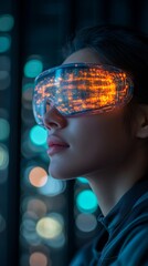 Poster - A student engages with virtual reality technologies, showcasing innovation in metaverse education amid vibrant digital displays in an urban setting