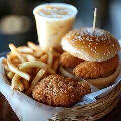 Canvas Print - Two chicken leg burgers, two chicken nuggets, one serving of fries, and one cup of lemonade.