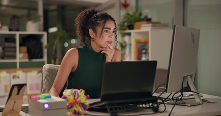 Poster - Night, business and woman with computer, thinking and deadline with journalist. Person, laptop and employee with tech, research for article and feedback for project, ideas and planning with choice