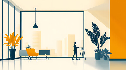 Poster - A modern, stylish interior featuring large windows, plants, and a person engaged in creative work