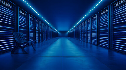Poster - A dimly lit server room featuring rows of servers illuminated by blue LED lights, creating a futuristic and high-tech atmosphere