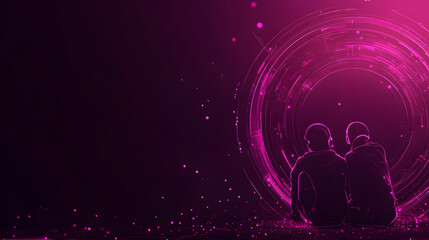 Poster - A romantic silhouette of a couple against a vibrant pink background, surrounded by swirling particles, evoking a sense of intimacy and connection