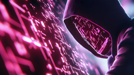 Poster - A hooded figure interacts with a glowing, digital interface, surrounded by vibrant, pink circuitry, suggesting themes of hacking or advanced technology