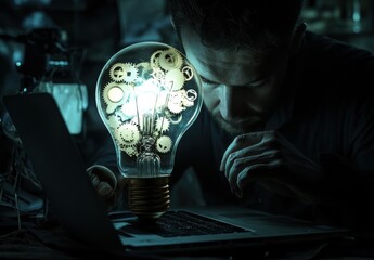 Aufkleber - A thoughtful man examining a creative light bulb filled with gears, symbolizing innovation and ideas, while working on a laptop in a dark, ambient environment.