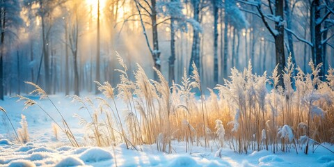 Canvas Print - Winter Sunrise Illuminates Frost-Covered Reeds in a Snowy Forest