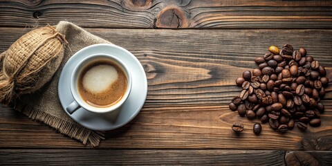 Aromatic Espresso with Roasted Coffee Beans on Rustic Wood