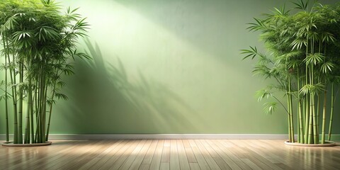 Sticker - Serene interior design with lush bamboo plants flanking a pale green wall and light hardwood floor