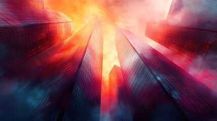 Poster - Abstract view of towering skyscrapers under a dramatic sky.