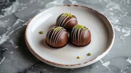 Poster - Chocolate with pistachio cream on a plate, the chocolate is smooth with a creamy pistachio filling visible, placed on a simple, elegant plate, viewed from above.