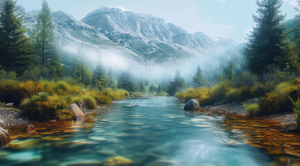 Poster - A valley with a shallow river running at the bottom of it. The river has a clear.