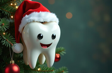 Wall Mural - Figurines of a smiling tooth with eyes and a Santa hat for Christmas and New Year on the Christmas tree. New Year's Eve at the dental clinic. A festive medical concept.