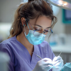 Aufkleber - A young women dentist is working, pastel blue and purple colors.