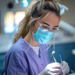 Aufkleber - A young women dentist is working, pastel blue and purple colors.