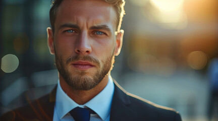 Poster - Businessman portrait, serious expression, sunlight on the face.