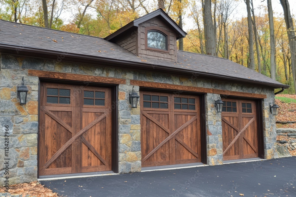 Stone veneer wall siding with three side hinged garage doors Stock ...
