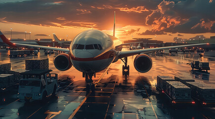 Poster - A plane parked at an airport, cargo unloading or loading.