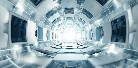 Poster - In the center of an abstract white space, there are many laptops floating in mid air, surrounded by many laptops.