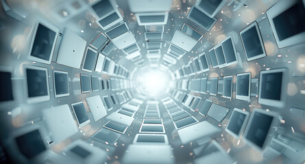 Poster - In the center of an abstract white space, there are many laptops floating in mid air, surrounded by many laptops.