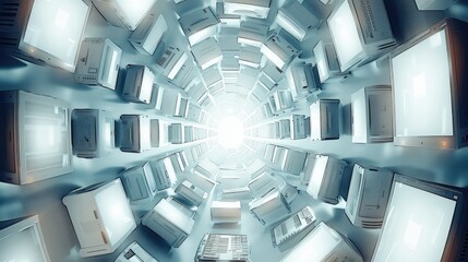 Poster - In the center of an abstract white space, there are many laptops floating in mid air, surrounded by many laptops.