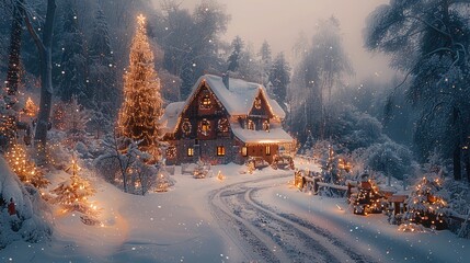 Poster - Christmas elements, Christmas tree, beautiful decoration, gifts, white snow, house and castle, Christmas tree, festive atmosphere, pendant, beautiful decoration, house covered with thick snow.