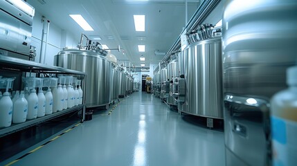 Fototapete - The interior of the high-tech production plant for cosmetics features stainless steel tanks and machinery in an industrial setting with white walls and grey floors.