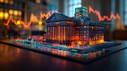 Poster - 3D model of a financial building with data visualizations.