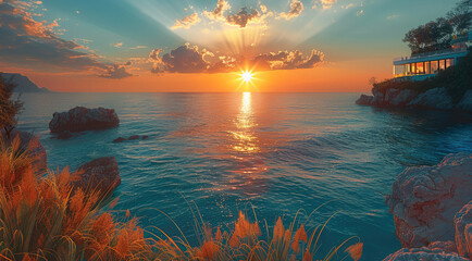 Poster - Sea view with sunset.