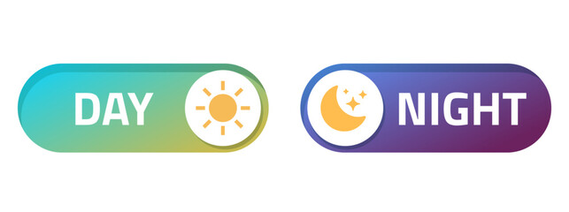 Poster - Day night mode buttons ui interface vector icon element graphic illustration set, blue yellow green toggle dark light settings switch with sun and moon mobile app, sleep or silence sign symbol image
