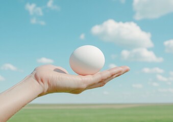 Farmers Hand Holding Egg Against Clear Blue Sky in Rural Landscape