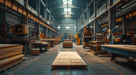 Poster - A bustling woodworking manufacturing floor with sounds of machines and background activity.