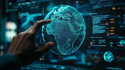 Poster - A person interacts with a holographic globe showcasing data analysis and geographical information within a high-tech digital environment