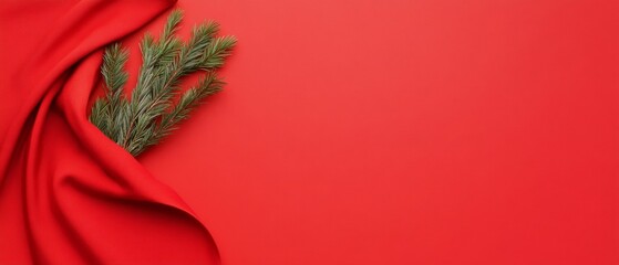 Poster - Minimalist Festive Elegance Red Drapery with Pine Accents