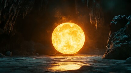 Wall Mural - A large, burning orb, like a sun, appears in the opening of a cave.