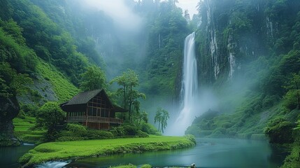 Poster - After rain, mist, cliff waterfall, lawn, mountain bottom village, small river.