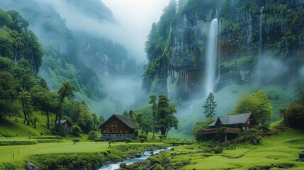 Poster - After rain, mist, cliff waterfall, lawn, mountain bottom village, small river.