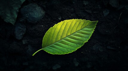 Wall Mural - A single green leaf sits on dark ground, with veins visible in the leaf.