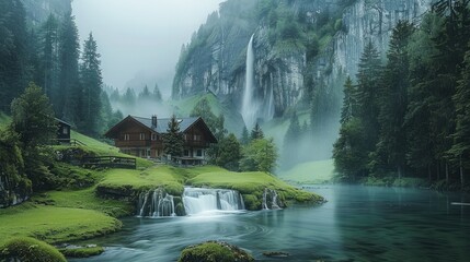 Poster - After rain, mist, cliff waterfall, lawn, mountain bottom village, small river.