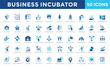 © Gravisio - Business Incubator icons set with idea development, business plan, pitch deck, prototype creation, market research, product launch, minimum viable product, elevator pitch icon. Simple flat vector
