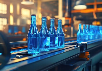 Poster - Bottled Water Production Process in a Modern Factory with Clear Glass Bottles on a Conveyor Belt and Industrial Background