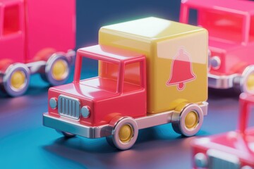 Fototapete - A cute cartoon truck with a bell icon on its yellow cargo box, signifying delivery notifications.