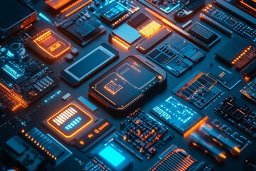 Fototapete - Futuristic Technology Flat Lay with Microchips and Circuit Boards in Neon Lighting