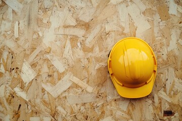 Yellow hard hat above particleboard space for text